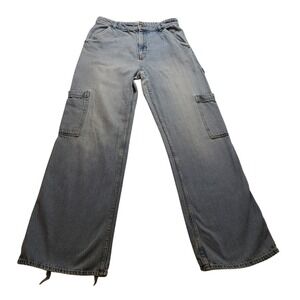HM Women's Light Wash High Waisted Wide Leg Cargo Jeans Light Blue Size 10